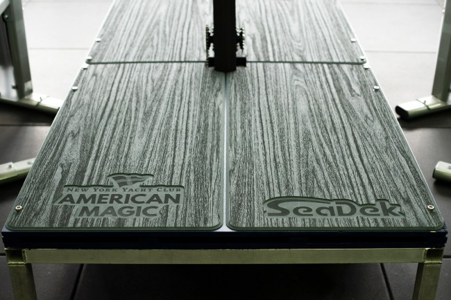 Wood grain laser SeaDek onboard exercise equipment at American Dream HQ, Auckland, New Zealand America's Cup 