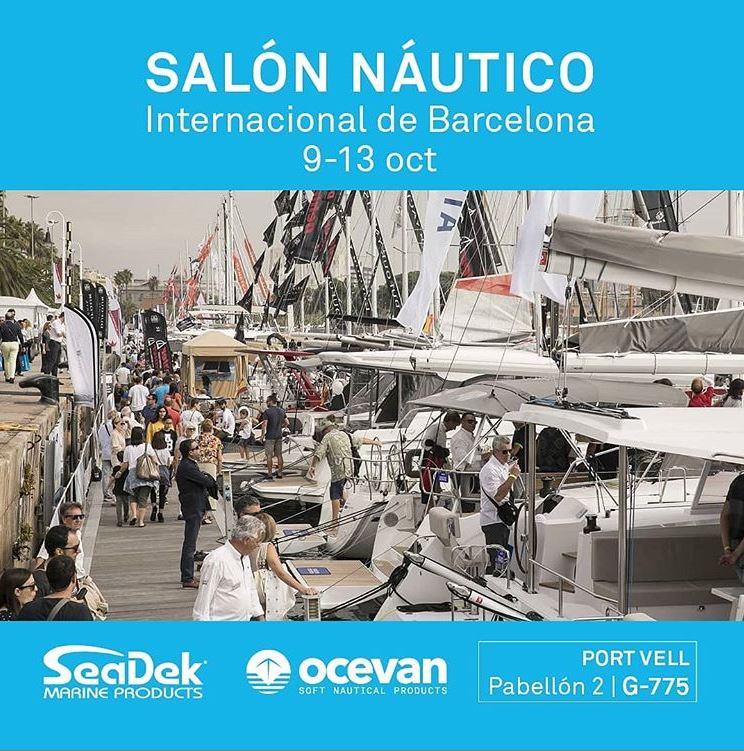 A row of sailboats with a SeaDek and Ocevan logo and booth location g-775