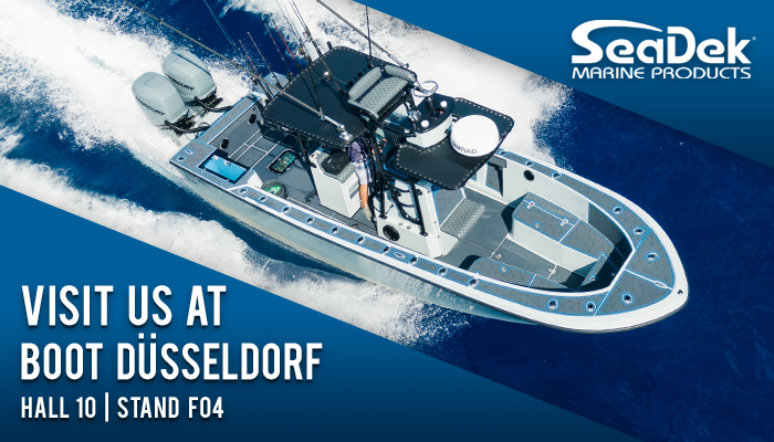 Custom SeaDek on a boat with Details of hall 10, stand F04