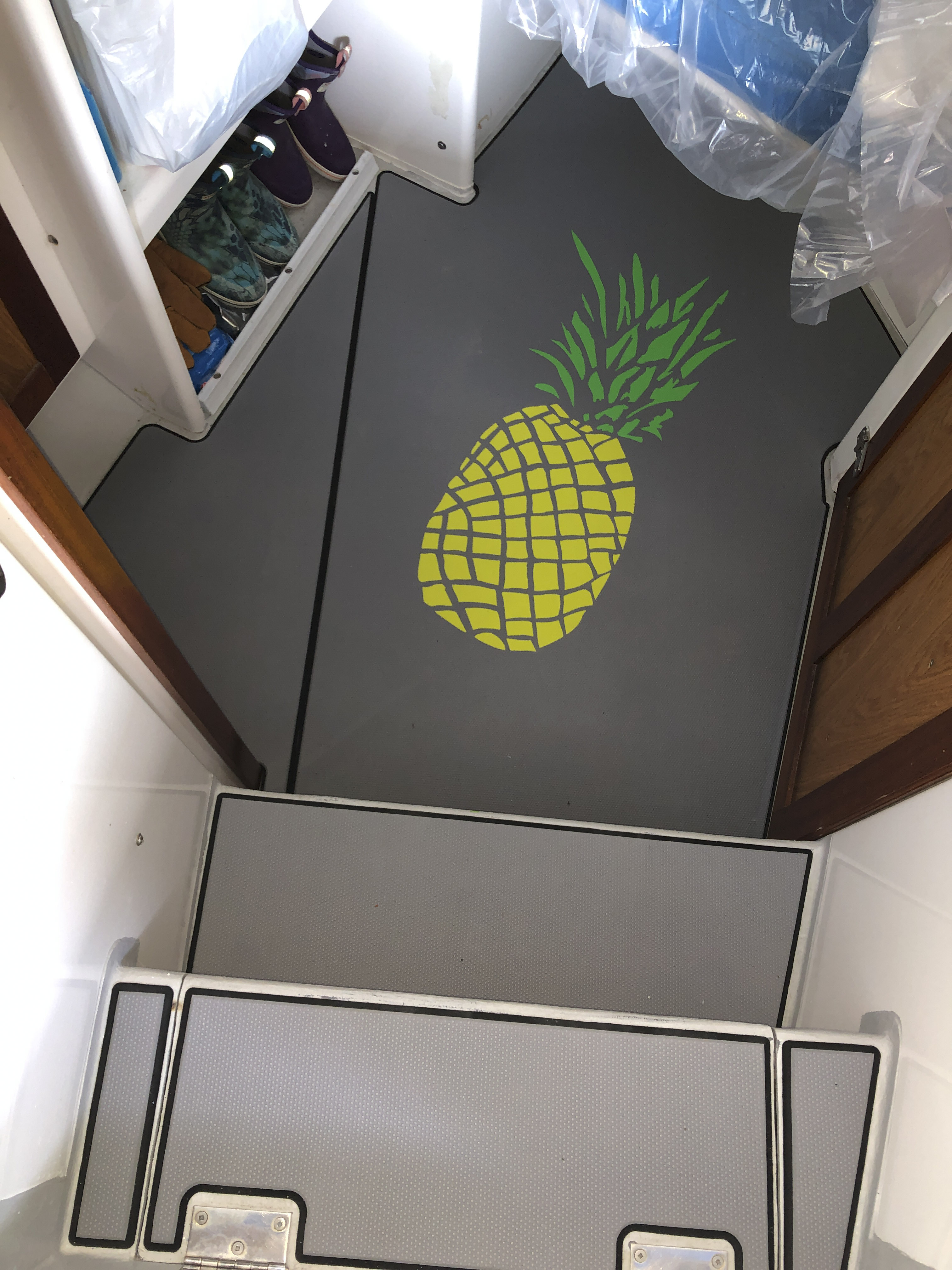 Pineapple made from custom SeaDek on the interior cabin floor.