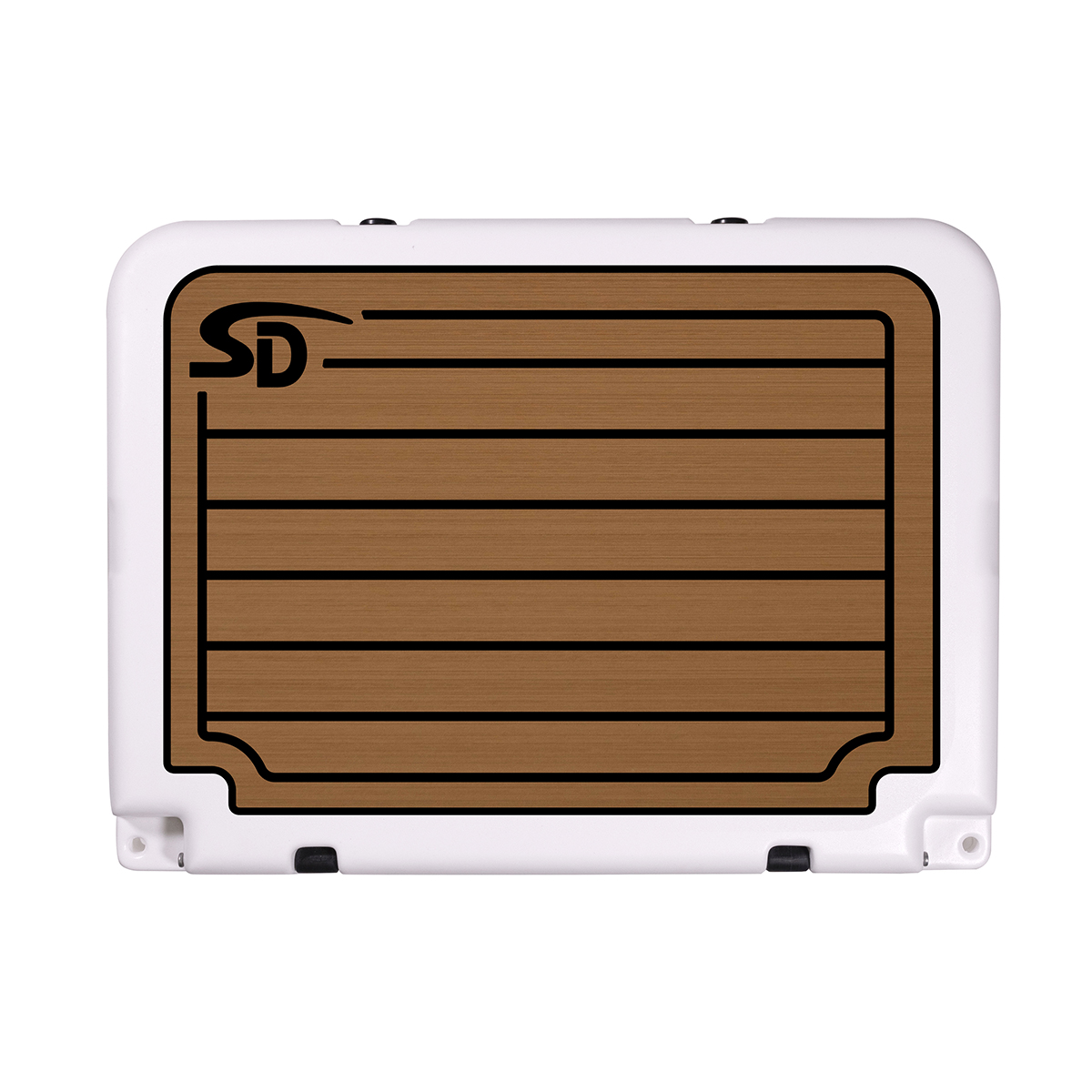 An Orca 26 cooler with a Mocha over Black Teak SeaDek Cooler Top.