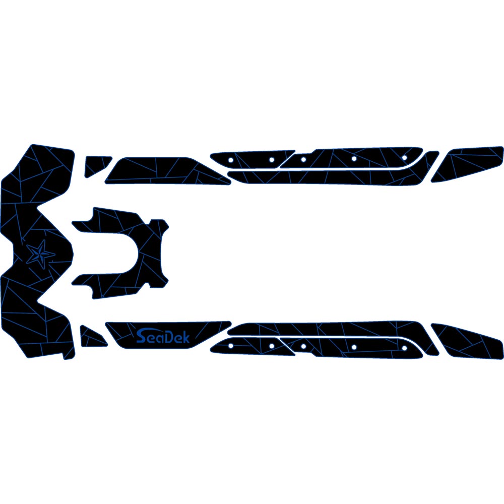 The layout for custom SeaDek flooring on a personal watercraft kit in Black over Bimini Blue.