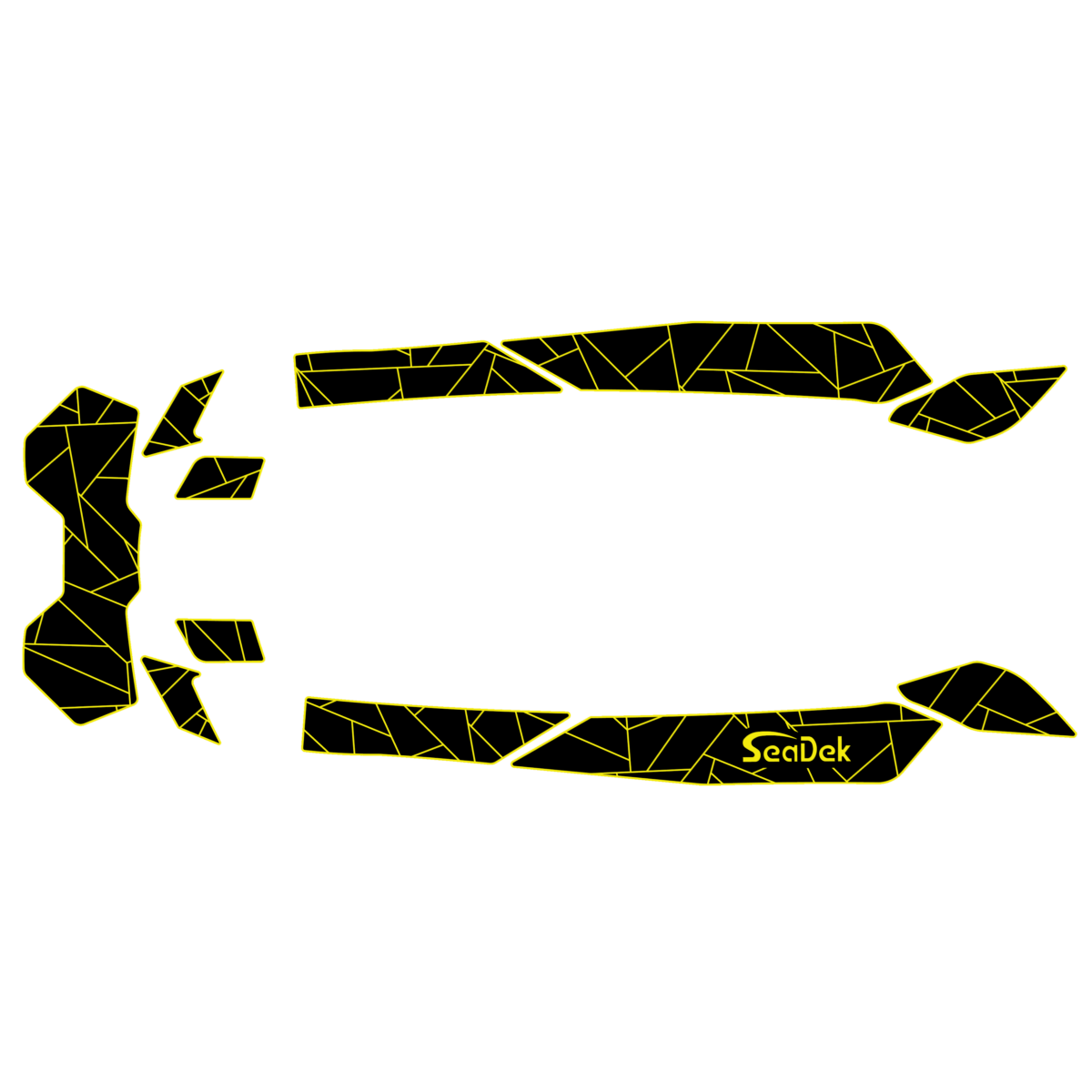 An image showing the layout for SeaDek on a personal watercraft kit in Black over Sunburst Yellow with a Fractal routing pattern.