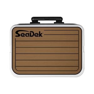 YETI Roadie 60 with a SeaDek Cooler Pad in Mocha over Black Teak.